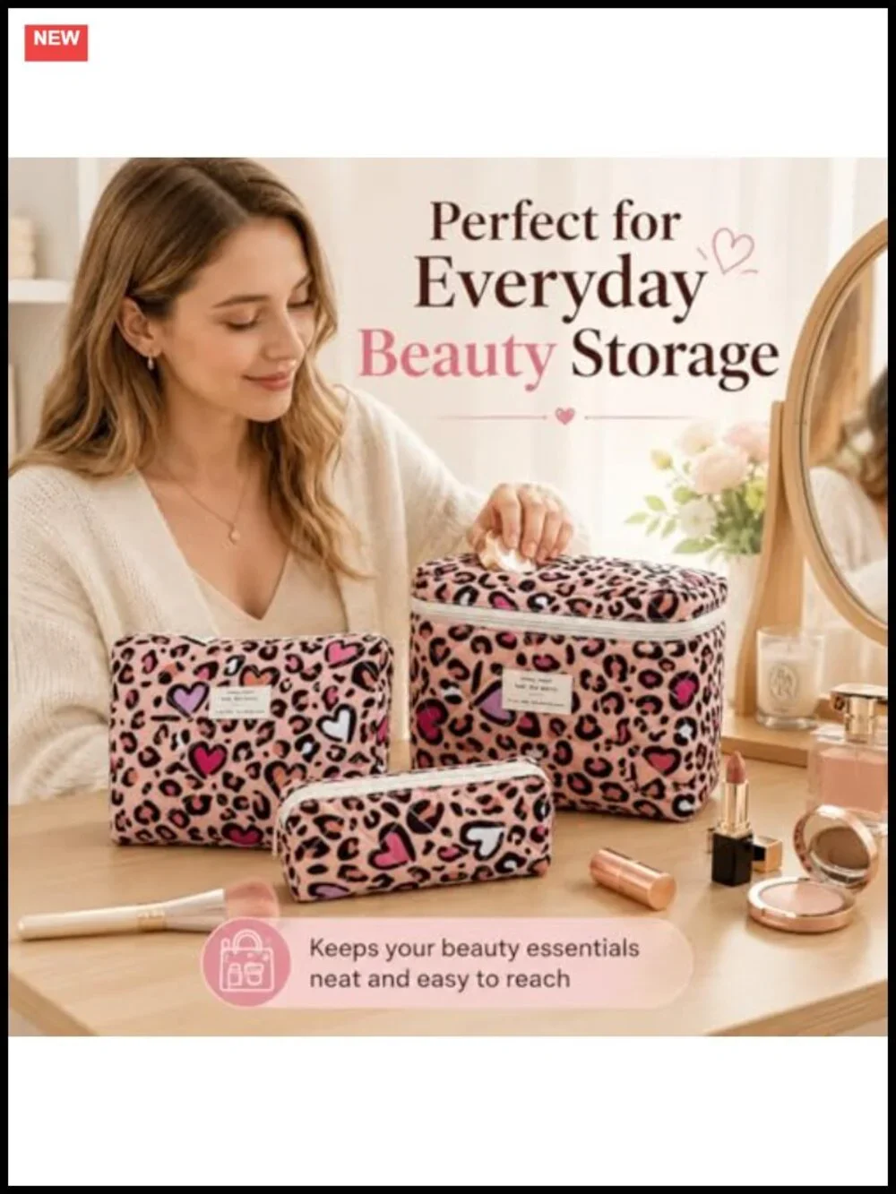 3-Piece Quilted Cotton Makeup Bag Set, Travel Toiletry Organizer for Women